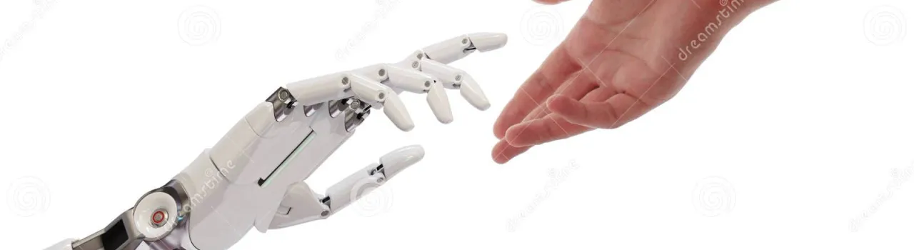 Robothand en mensenhand reiken naar elkaar zoals god en Adam in het schilderij van Michelangelo