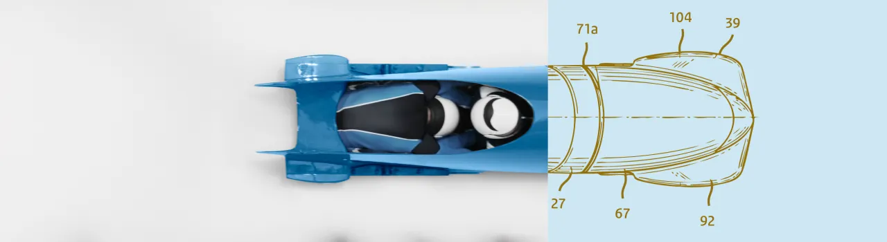 Een bobslee waarvan de helft een foto is en de andere helft een ontwerptekening.