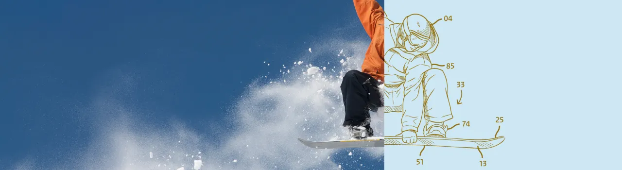 Snowboard maakt sprong in sneeuw. Rechterdeel afbeelding is octrooitekening van de helm, bril, jas en kliksysteem.