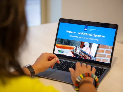 Vrouw achter laptop met daarop presentatie met tekst 'Webinar Intellectueel Eigendom: Introductie van IE in bedrijfsstrategie'