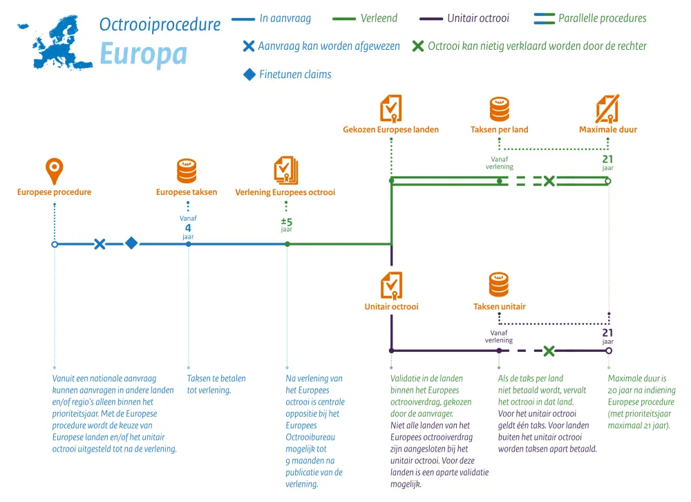Infographic Octrooiprocedure Europa. Inhoud volgt na de afbeelding