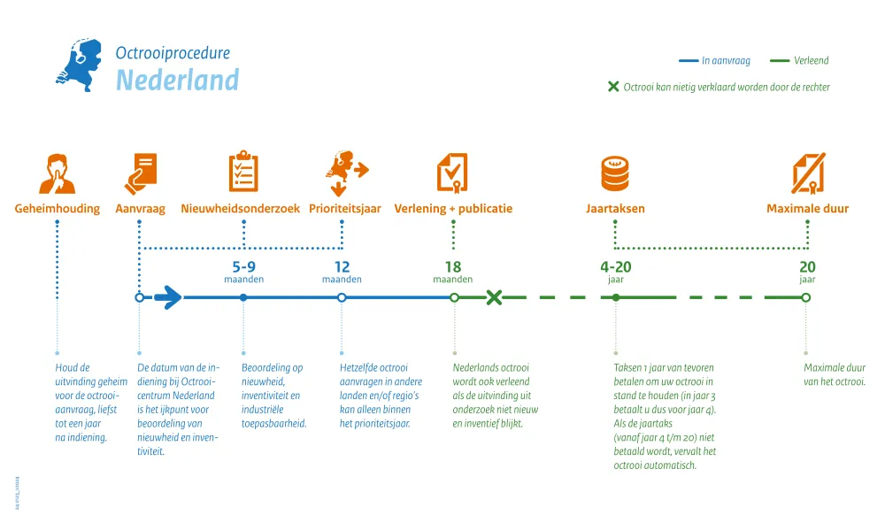 Infographic Octrooiprocedure Nederland. Inhoud volgt na de afbeelding