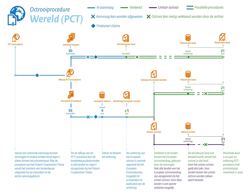 Infographic Octrooiprocedure Wereld (PCT). Inhoud volgt na de afbeelding