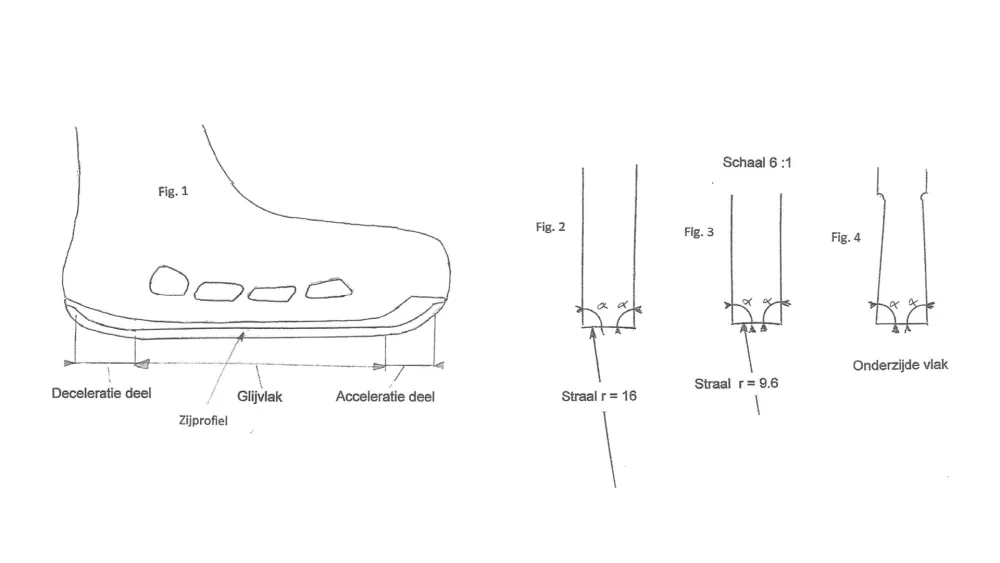 Octrooitekening van een uitvinding voor kunstschaatsen en ijshockeyschaatsen.