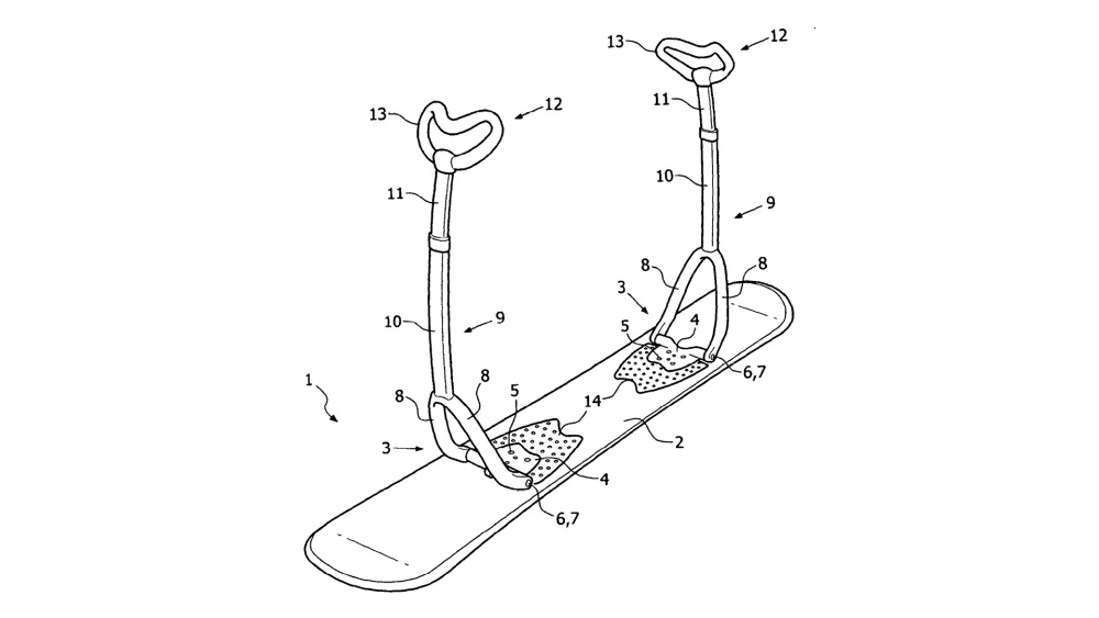 Octrooitekening van een aangepast snowboard.
