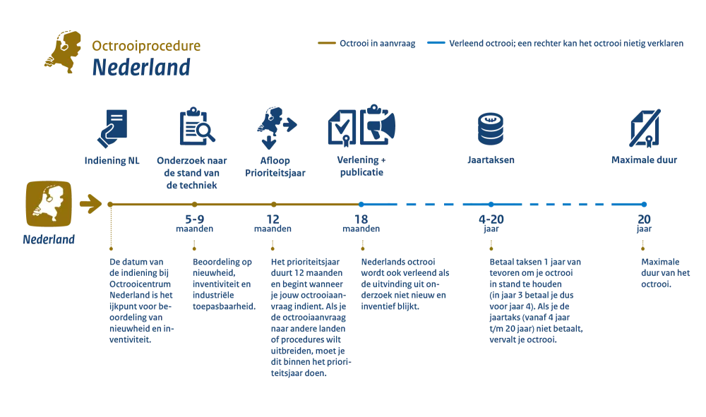 Infographic Octrooiprocedure Nederland. Inhoud volgt na de afbeelding