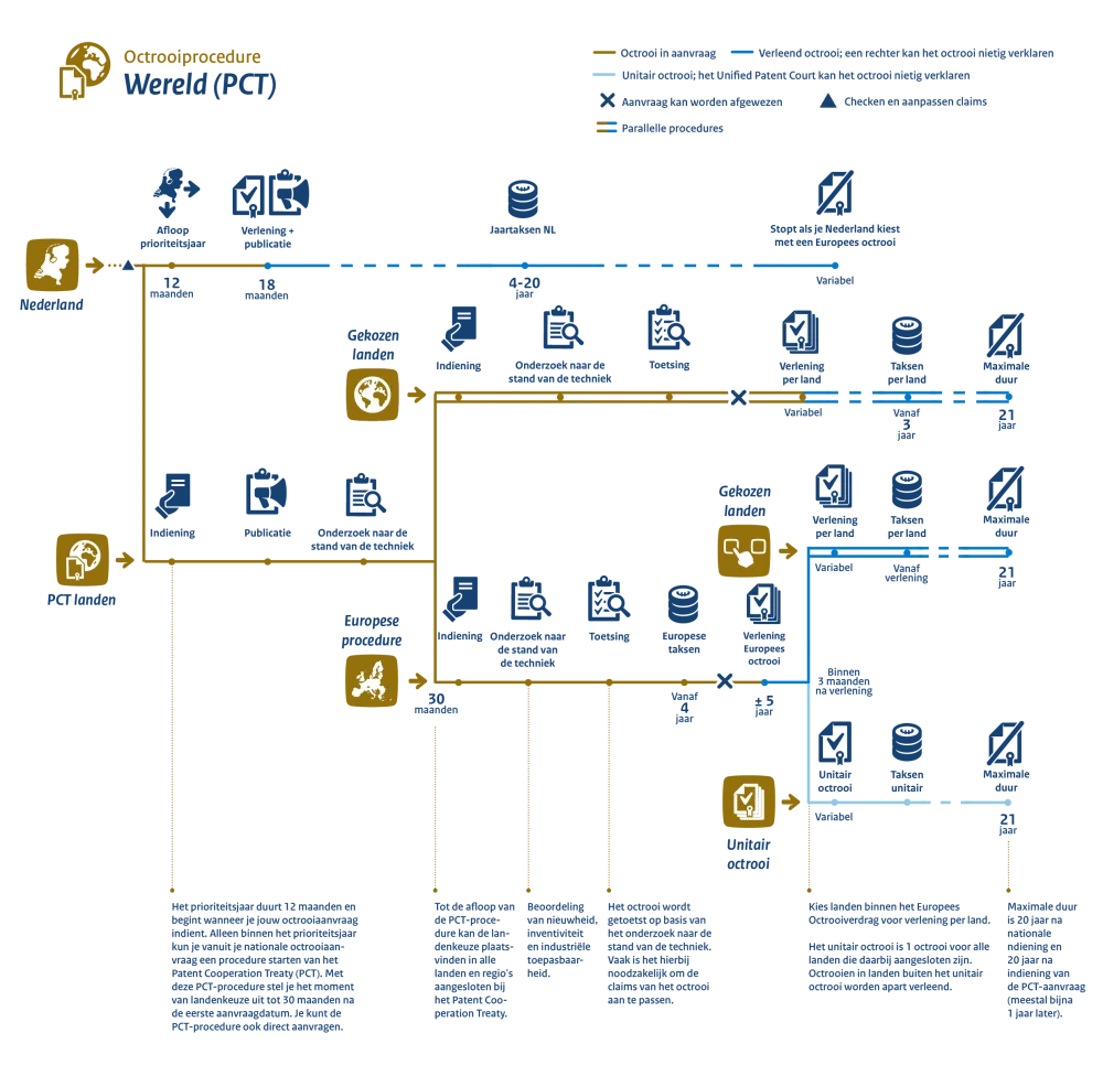 Infographic Octrooiprocedure Wereld (PCT). Inhoud volgt na de afbeelding
