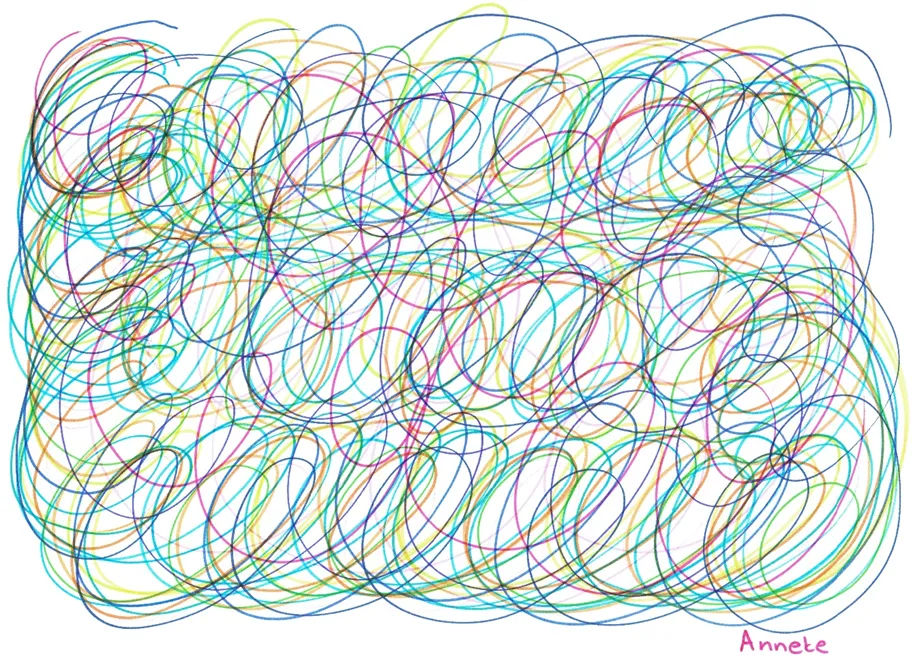 Tekening van Anneke met cirkels in verschillende kleuren stift